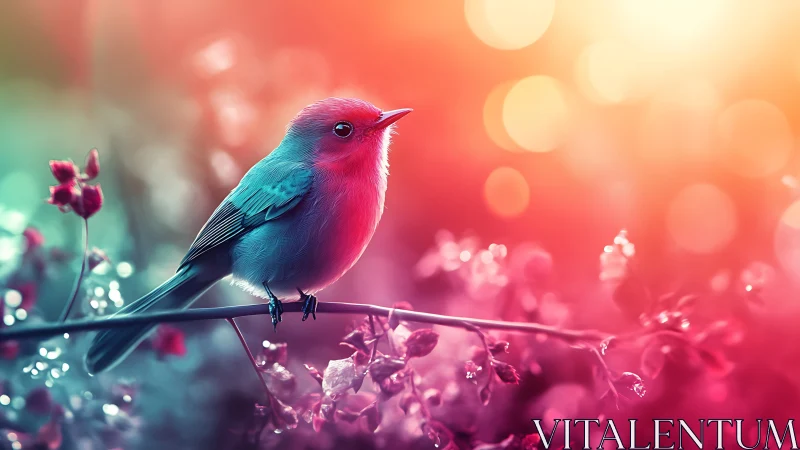 Vibrant songbird on branch in dreamy, colorful bokeh light.
