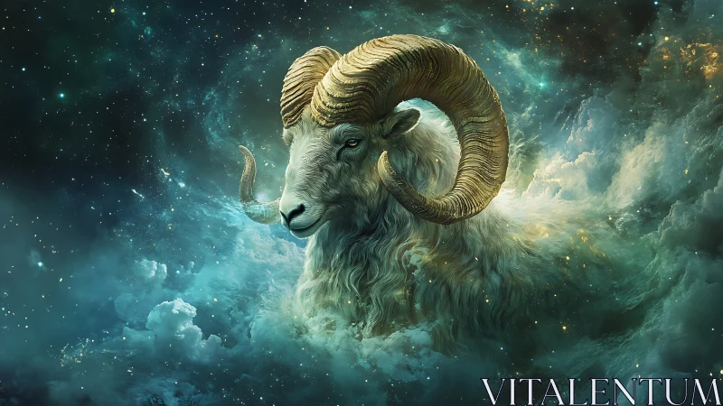 Majestic celestial ram drifts calmly through starlit clouds