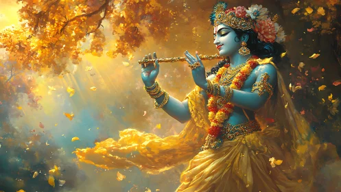 Flute-playing blue deity amid volumetric autumnal radiance.