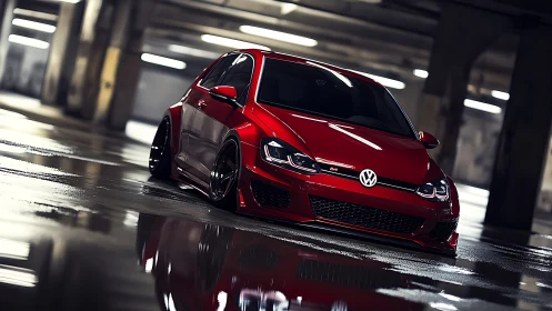 Red modified Volkswagen hatchback in wet parking garage.