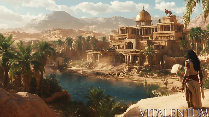 Desert oasis city unfolds beneath a grand golden palace.