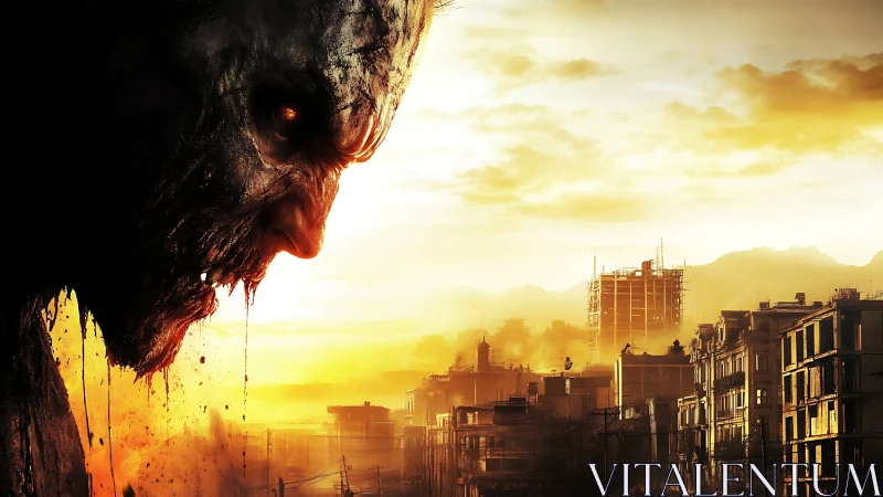 Decayed zombie profile dominates a sunlit post-apocalyptic city