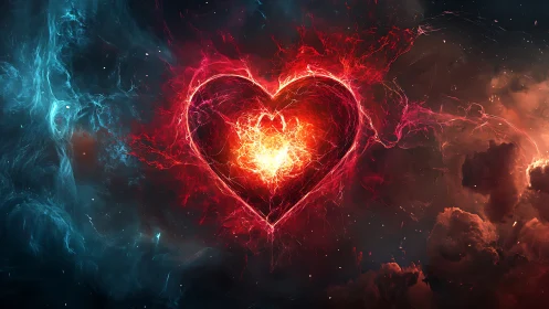 Glowing Heart Engulfed in Cosmic Fire and Electrical Energy