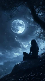 Solitary figure under luminous full moon on cliffside night.