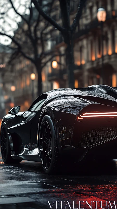 Black supercar stands on wet city street under evening lights