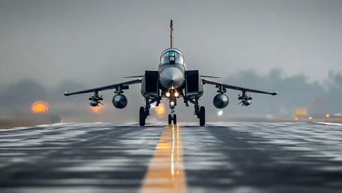 Modern fighter jet aligned on wet runway centerline.