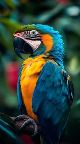 Vibrant blue‑and‑gold macaw with high‑detail plumage and bokeh background