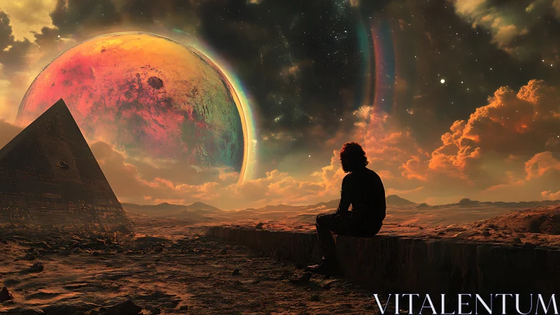 Silhouetted figure on desert plain facing large colored moon.