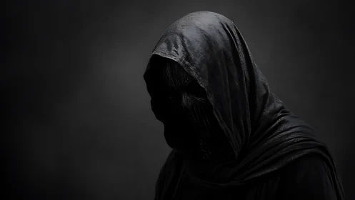 Hooded dark figure stands in low key side lighting