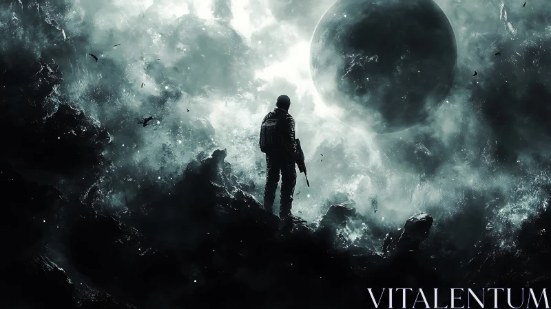 Lone space explorer confronts a looming shattered planet.