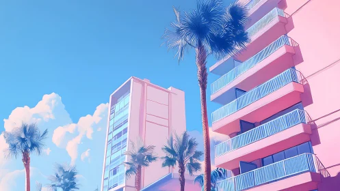 Sunlit pastel towers and palms in a dreamy coastal sky.