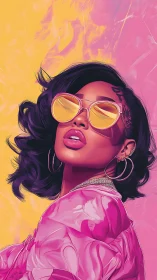 Vibrant digital portrait of woman in pink jacket and shades.