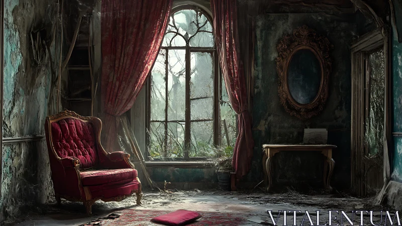 Decayed baroque sitting room with overgrown fenestration detail.