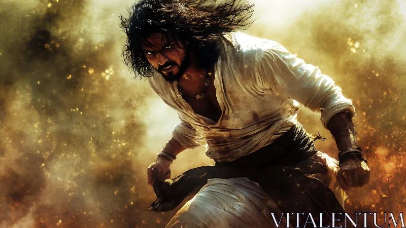 Battle-hardened warrior lunging through blazing dust storm.