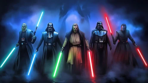 Armored dark warriors with glowing energy swords in misty void