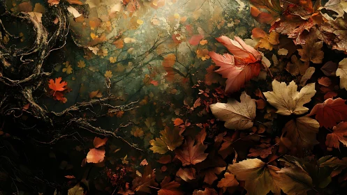Autumn leaves and gnarled roots form a luminous forest floor