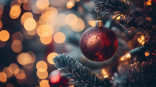 Cozy red ornament glowing softly on a twinkling tree.