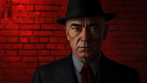 Cinematic low key portrait of stern man in fedora against red wall