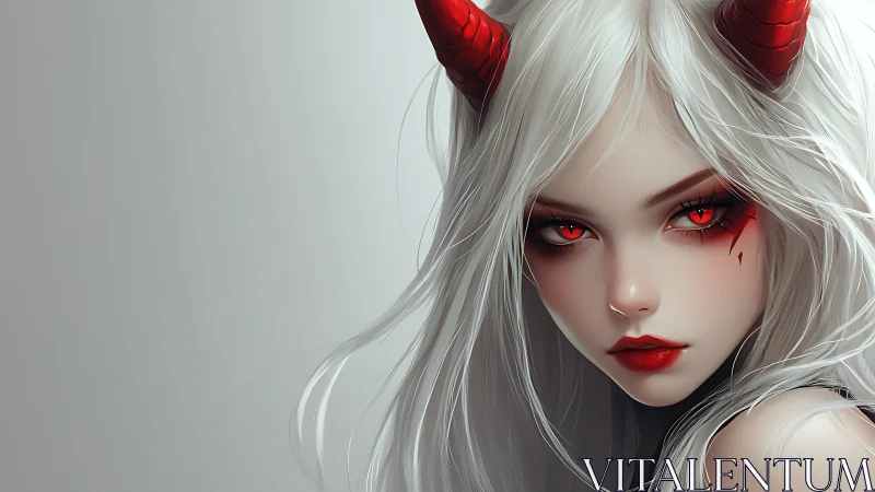 White haired female portrait with red horns and eyes.