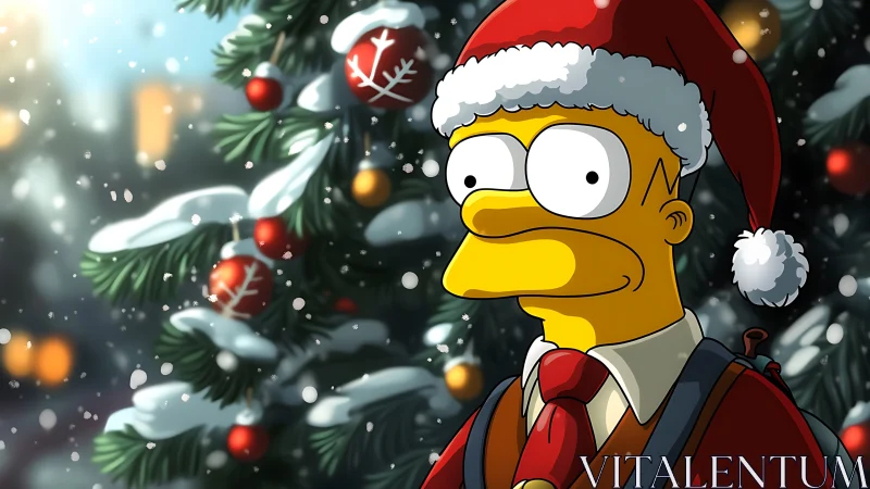 Cartoon holiday character under snowfall beside lit spruce.