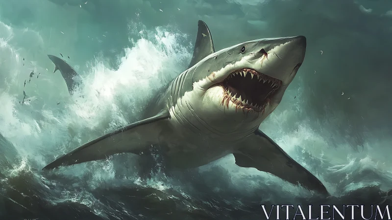 Ferocious great white shark erupting through stormy seas.
