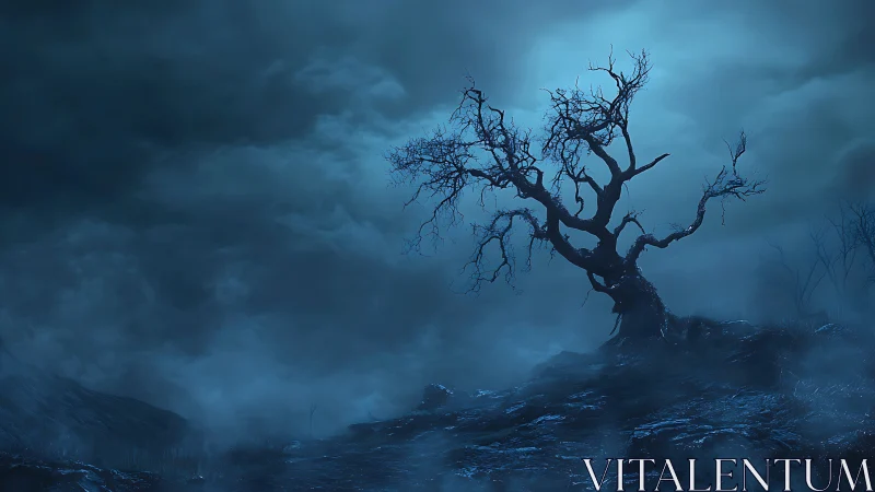 Twisted dead tree rises over foggy moonlit hillside