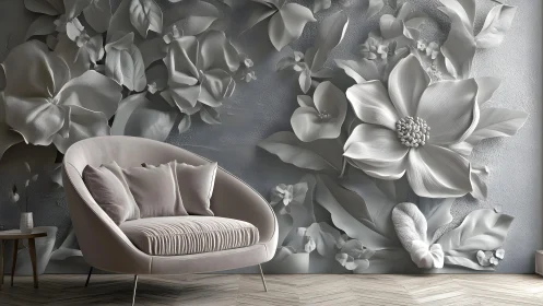Elegant 3D Floral Wall Mural with Modern Lounge Chair in Minimalist Style.