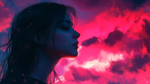 Side profile portrait aligns with saturated magenta cloudscape