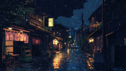 Rain-soaked Japanese alley with neon reflections at night.