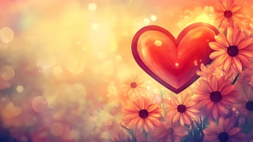 Glowing Heart Blooms Among Golden Flowers.