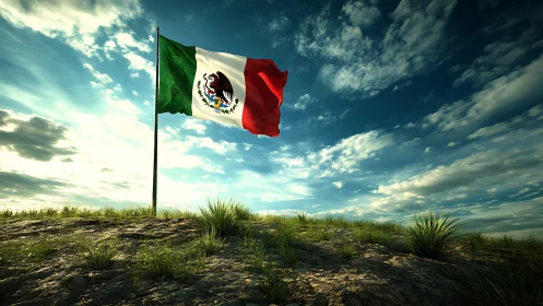 Mexican flag waves on a desert hill under expansive sky