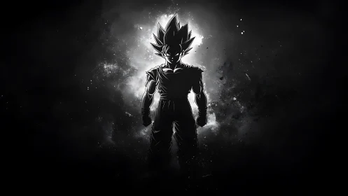 Silhouetted anime warrior in dramatic cosmic backlight.