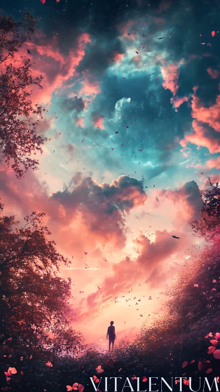 Solitary figure walks into a radiant dreamlike sky portal