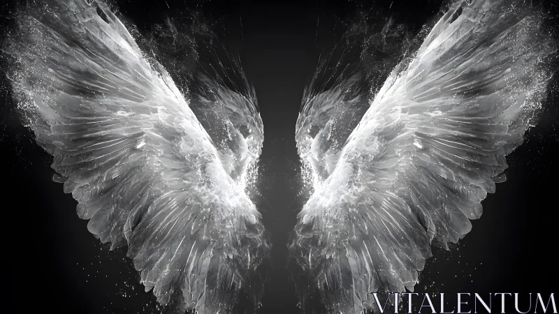 Ethereal Angel Wings in Motion on Dark Background, Digital Art.