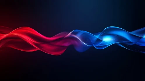Red and blue neon waves flow across deep navy background.