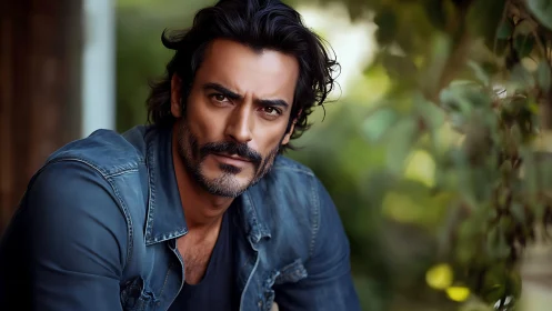 Brooding man gazes into camera in lush outdoor setting