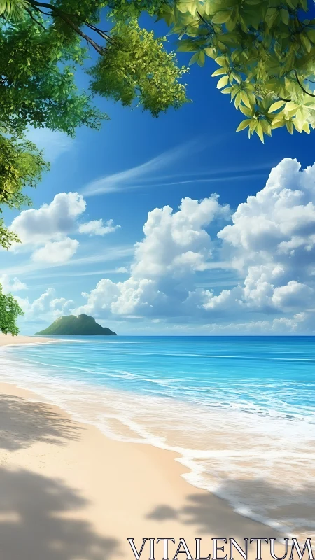 Tropical Beach Paradise with Mountain Island.