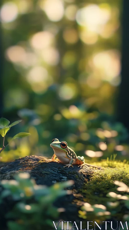 Curious little forest frog enjoys a calm sunlit morning perch