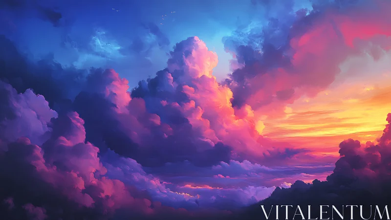 Luminous sunset cumulonimbus clouds in prismatic chromatic sky.