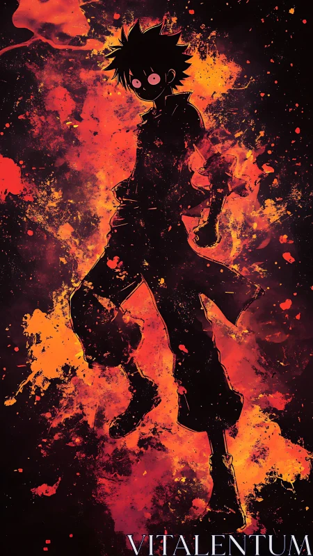Explosive anime silhouette within incandescent splatter field.