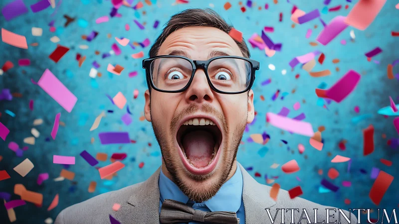 Ecstatic man in glasses amid vibrant falling confetti burst.