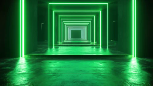 Neon green tunnel extends into an infinite futuristic void