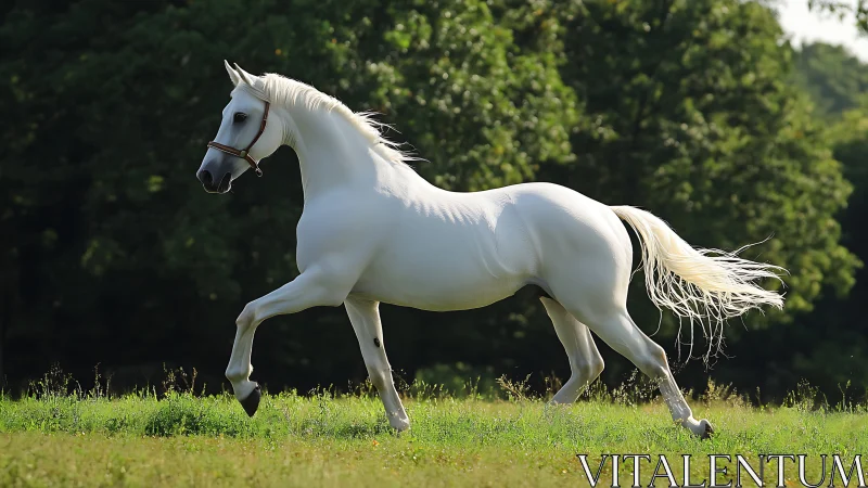 White horse moves at collected trot across sunlit meadow