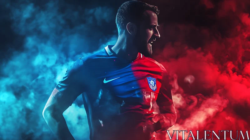 Electric football warrior carved from red and blue stadium smoke.