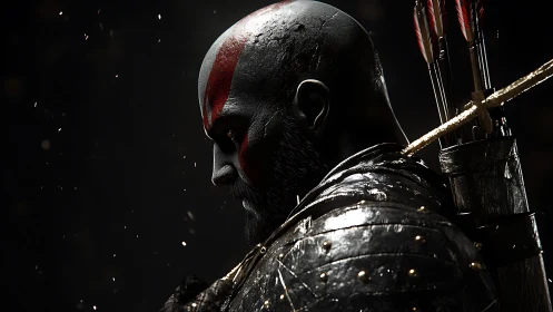 Side profile of armored warrior rendered in dramatic lighting