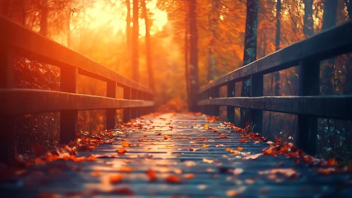 Autumn boardwalk recedes into warm backlit forest glow