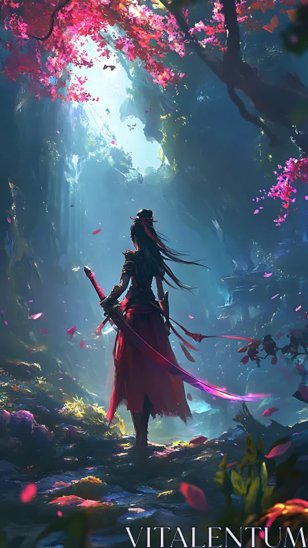 Sword-bearing figure under pink foliage in luminous forest.