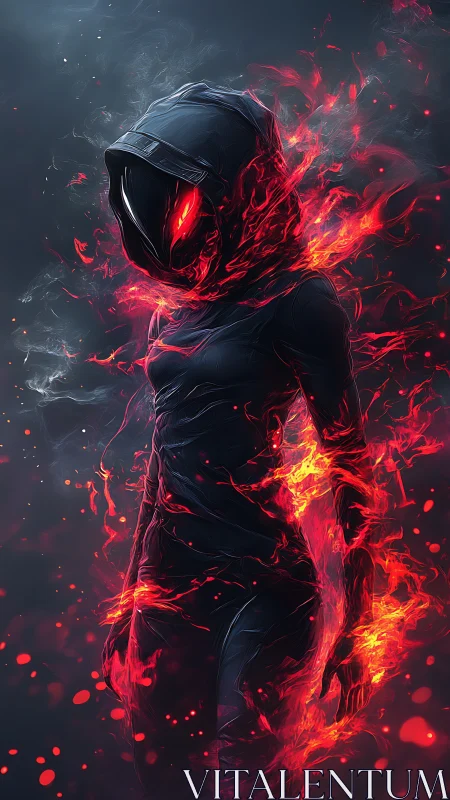 Hooded humanoid silhouette engulfed in stylized red plasma flames