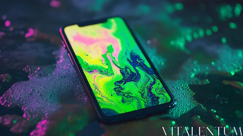 Neon smartphone on wet surface renders luminous fluid display
