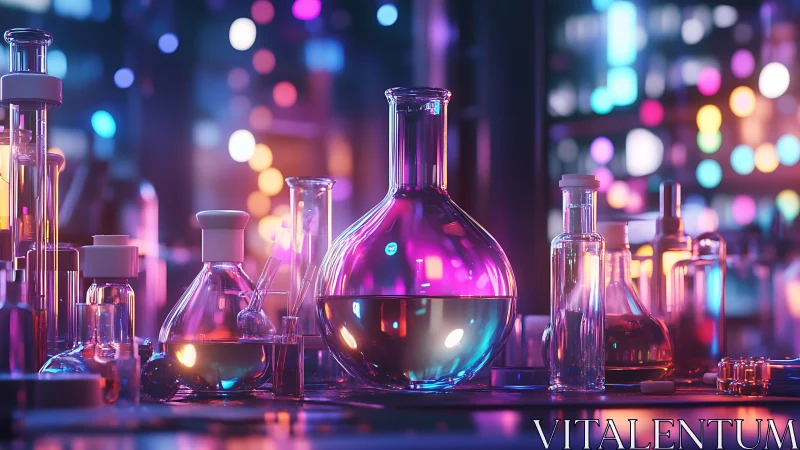 Neon glass beakers glow inside futuristic chemistry lab